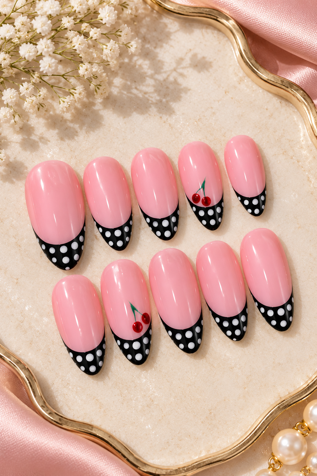 Pink nails with polka-dot tips and cherries
