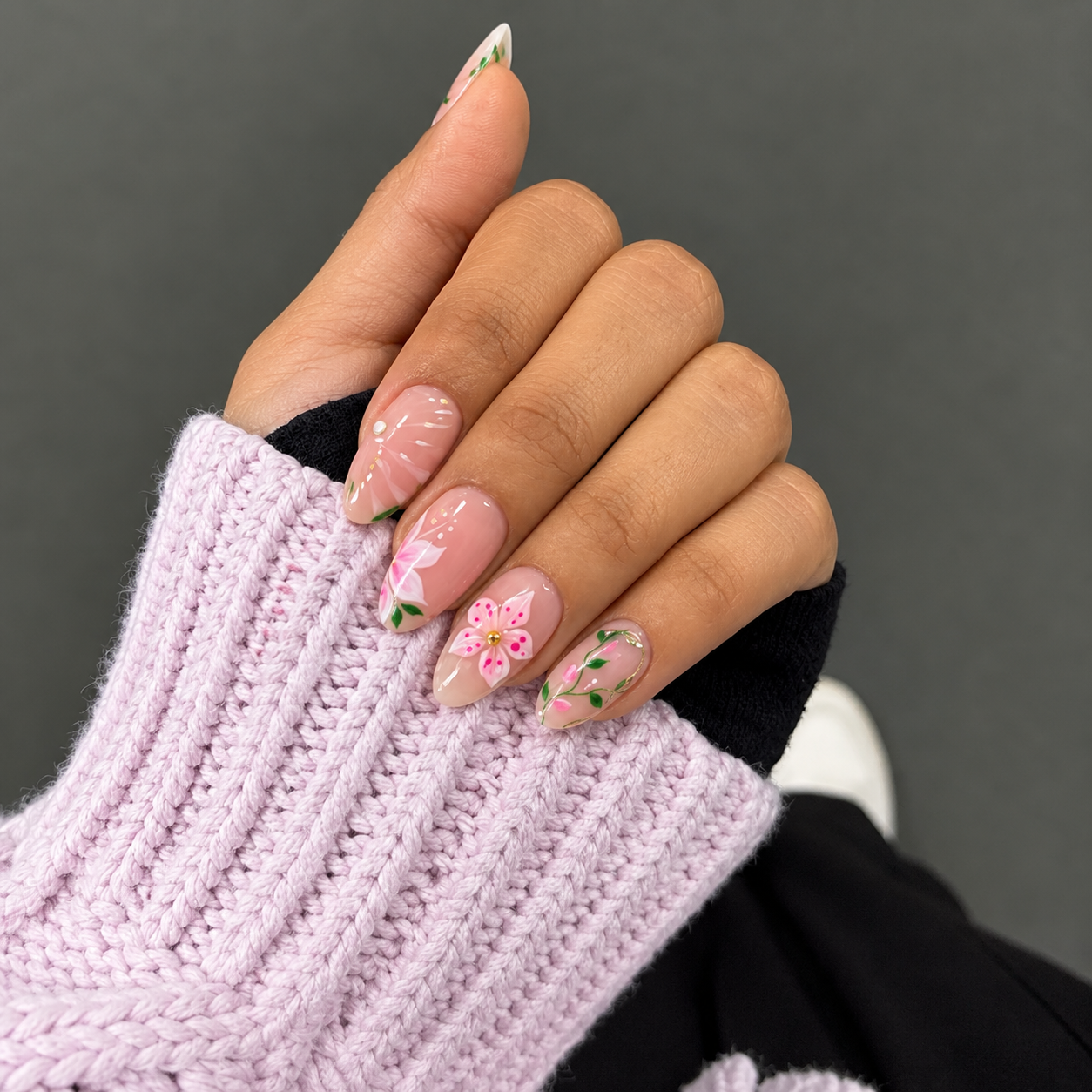 Hand-painted pink floral nail art